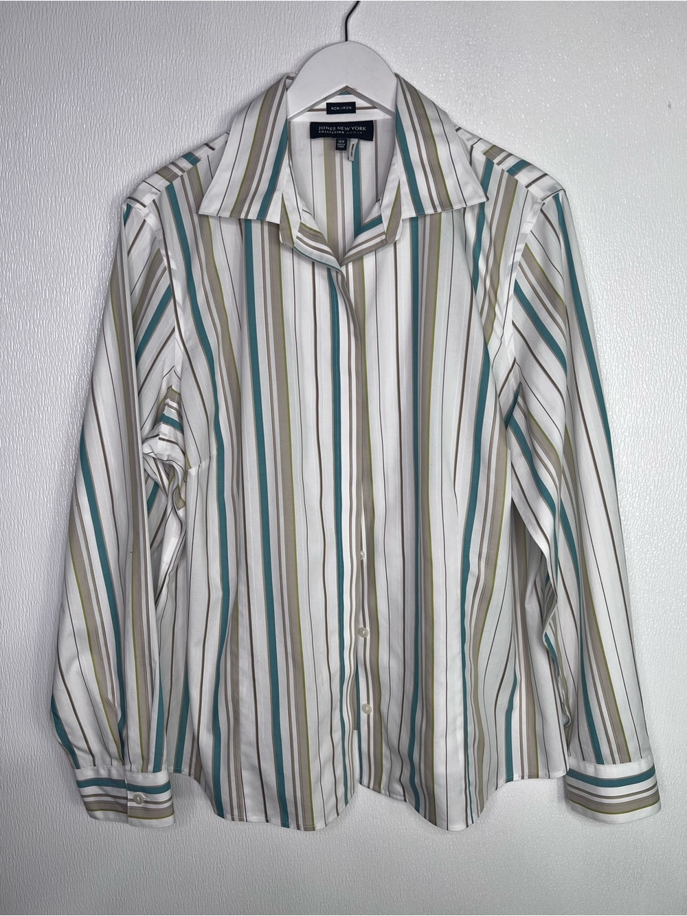 JONES NEW YORK Green Tan Striped Button Up Shirt Size 16W